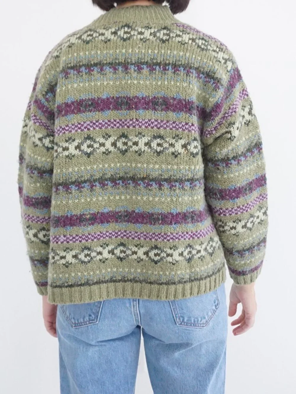 Vintage Studio Works Green Fair Isle Knit Zip Cardigan Nordic Pattern Petite PM - Picture 2 of 10